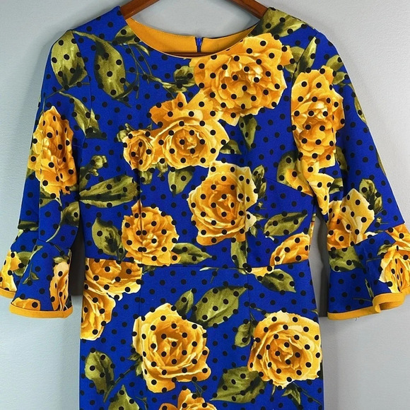 SHELBY & PALMER Polka Dot Rose Pattern Midi Dress Gold Royal Blue Flute Sleeve 6 - Picture 3 of 13